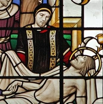 Detail of A Stained Glass Window Depicting Saint Joseph of Arimathea Preparing Christ For Entombment Christopher Webb Saint James Church Piccadilly England Swiped With Permission From The Flickr Account of Brother Lawrence Lew Op